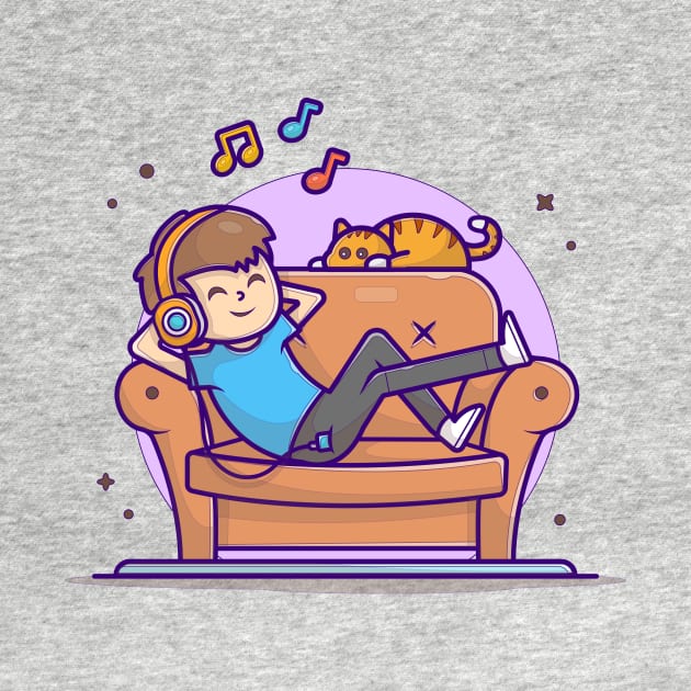 Happy Boy Listening Music On Sofa with Cute Cat, Tune, and Notes of Music Cartoon Vector Icon Illustration by Catalyst Labs